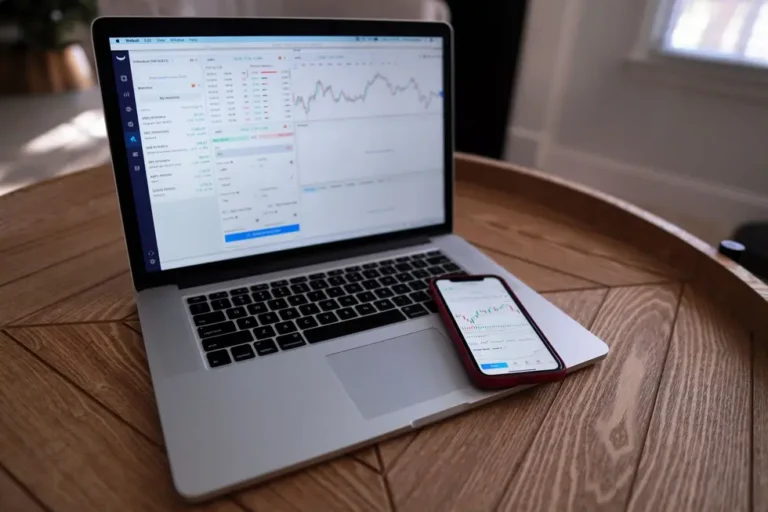 Celular e notebook exibindo gráficos de satisfação em mesa
